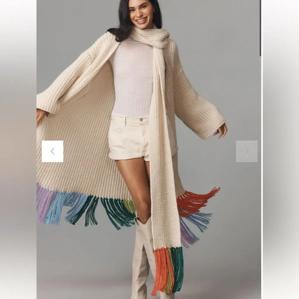 Anthropologie Colorful Fringe‎ Scarf Cream Os NWT in packaging
